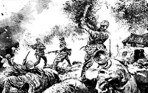 16 在枪弹掩护下，3营的战士们与敌人短兵相接、刺刀见红，一番搏命拼杀之后，这条谷道的制高点被八路军拿下。