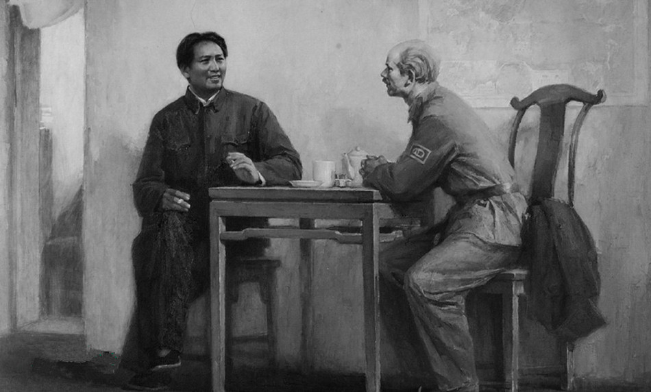 1938年3月，中共中央主席毛泽东在延安会见白求恩。（油画作者：许荣初等）